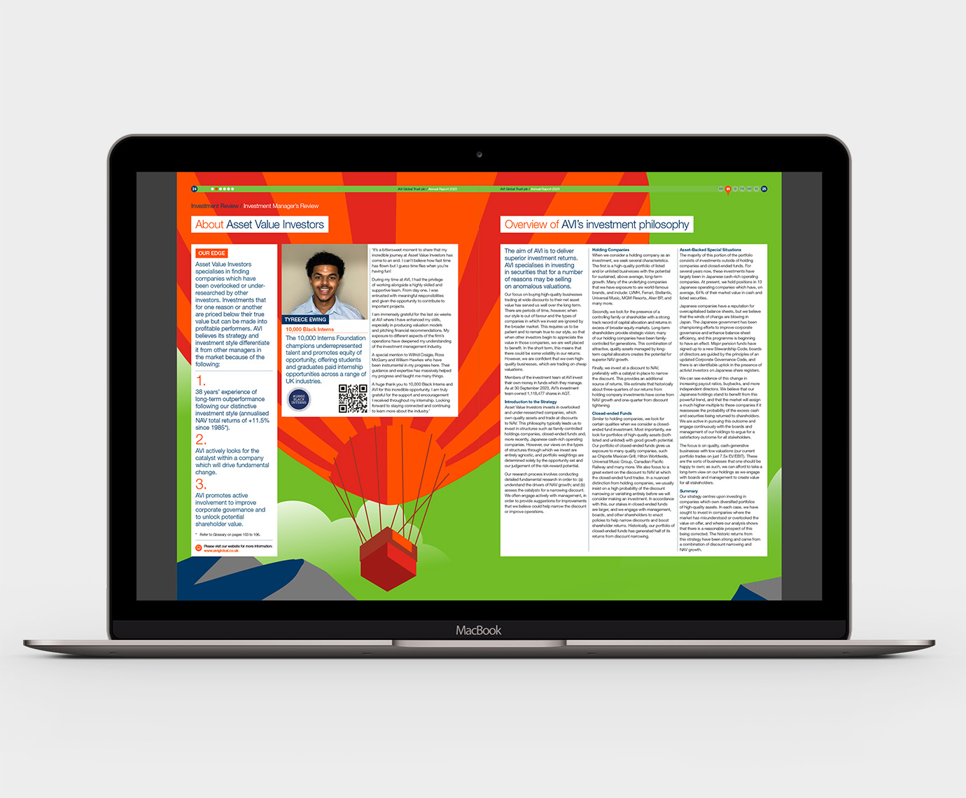 An image of a laptop displaying a spread from an annual report with copy and images