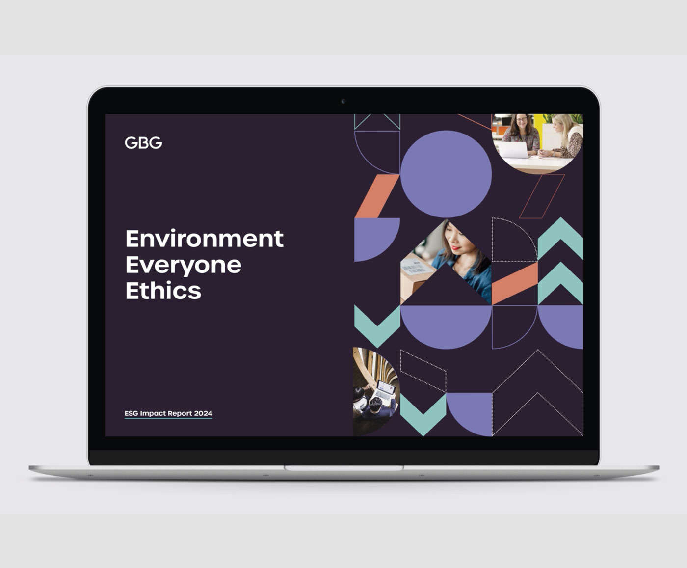 An image of a laptop screen showing the front cover of an ESG report with the words: Environment Everyone Ethics