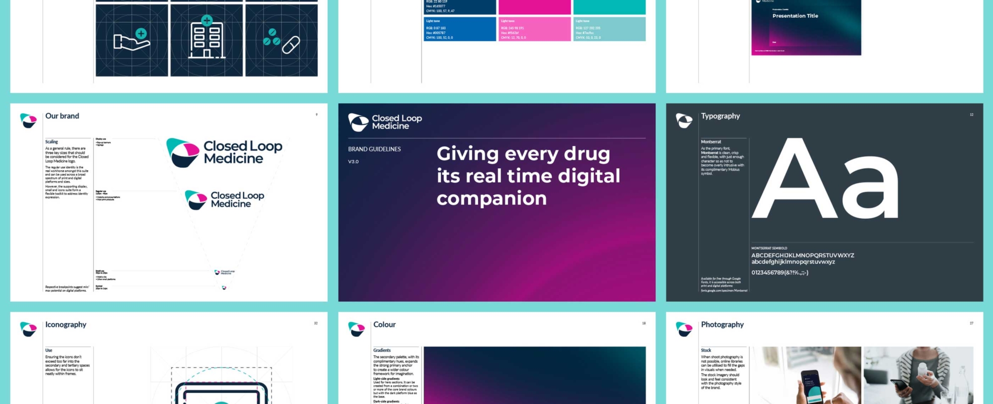 A graphic of various layouts from a brand guideline book for Closed Loop Medicine