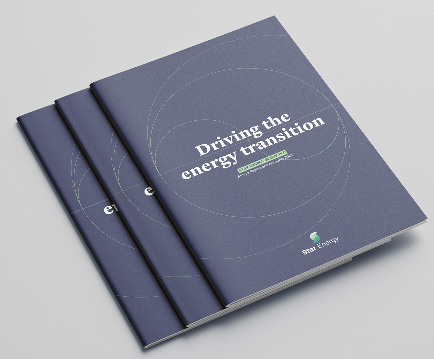 A stack of annual reports with the wording: Driving the energy transition
